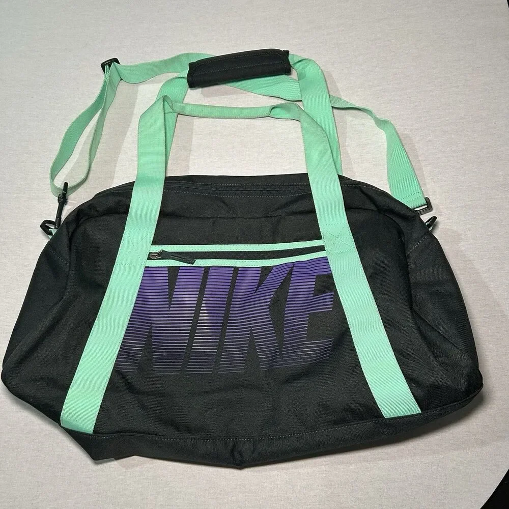 Nike Gym Club black duffel bag, large purple gradient logo, green straps